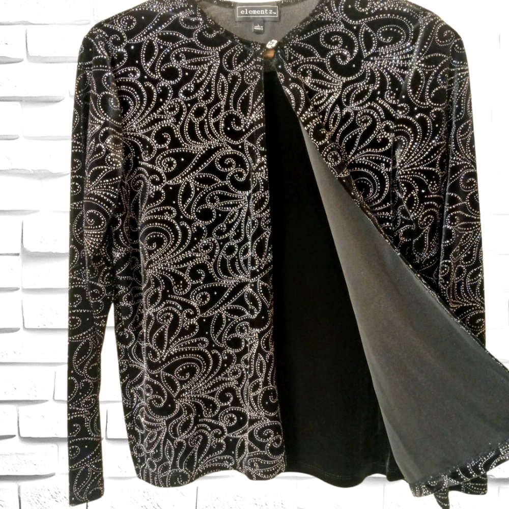 Women's Elegant Elementz Black Velvet Top With Rhinestones, Size Large - Picture 7 of 9
